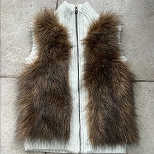 Kids Faux Fur Trim Knit Zip Vest in Cream and Brown